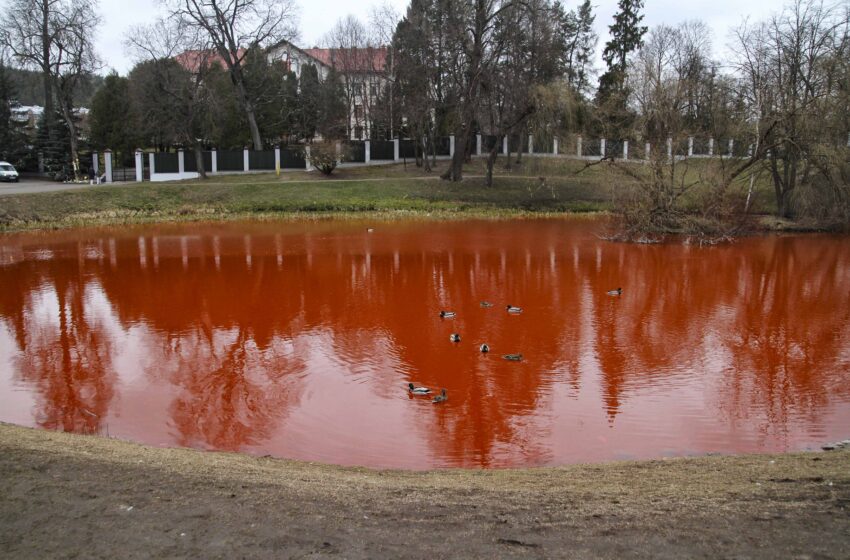  FOTO/ Lac „de sânge” în fața Ambasadei Rusiei din Lituania. Imaginile protestului inedit din Vilnius au devenit virale