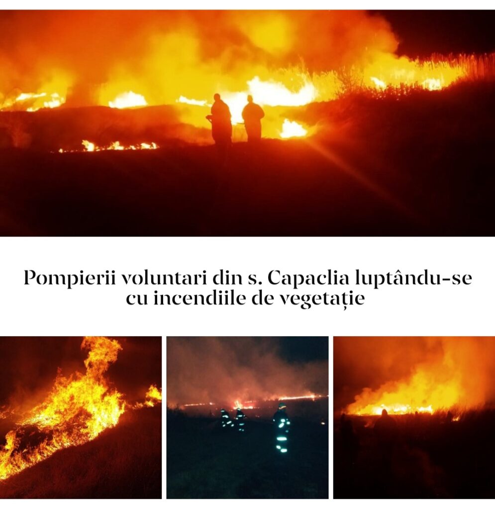 Pompierii voluntari din s. Capaclia luptându-se cu incendiile de vegetație