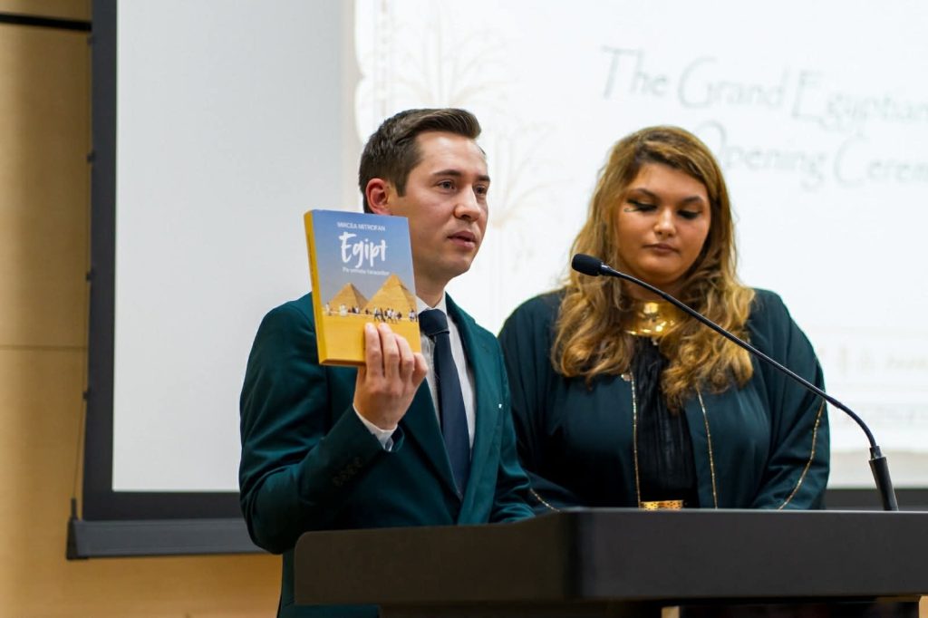 Mircea Mitrofan vorbește despre jurnalul său de călătorie la ceremonia de inaugurare a Marelui Muzeu Egiptean